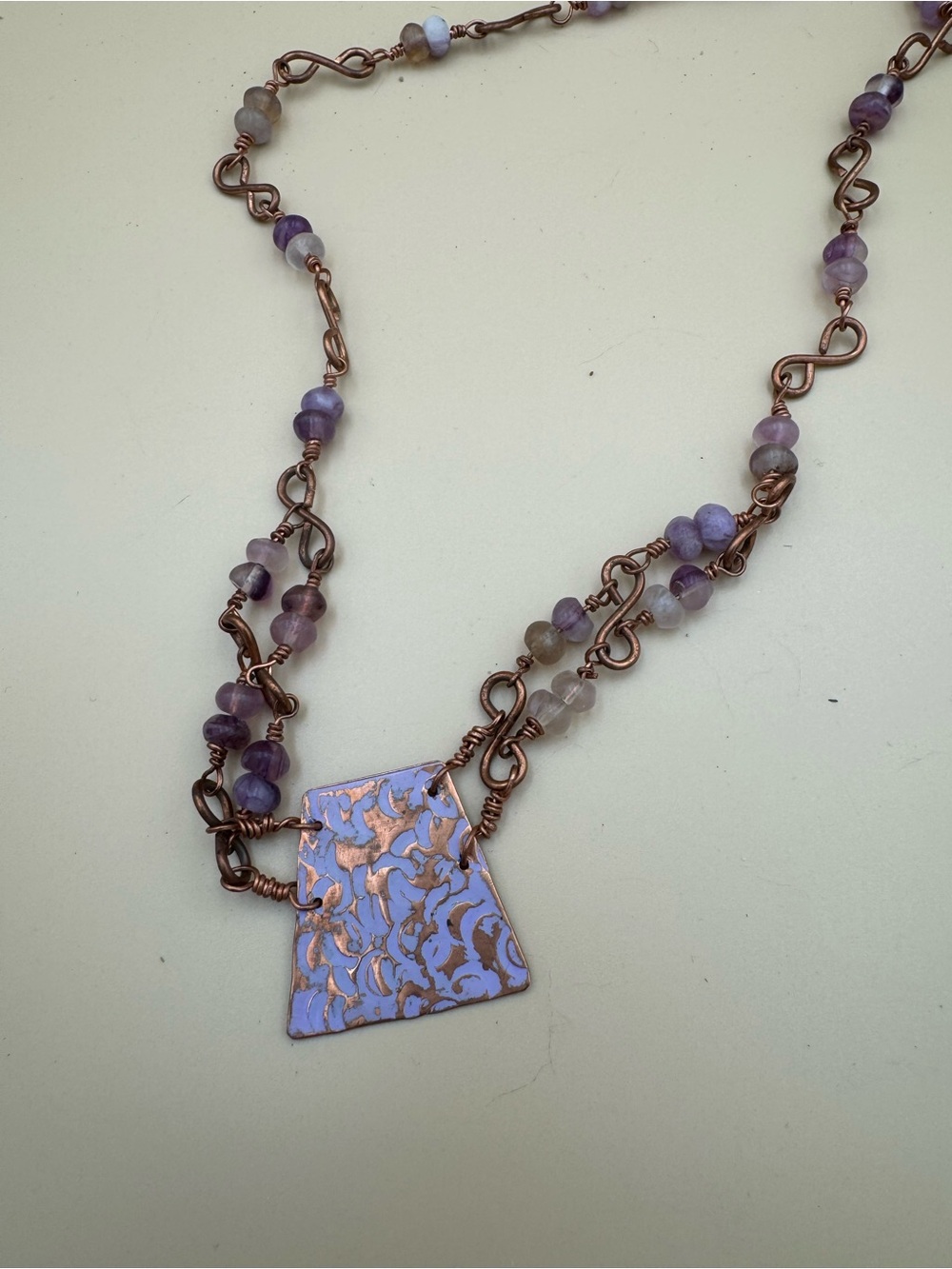 Artisan Purple Enamel Pendant Necklace with Copper Chain and Bead Accents 115